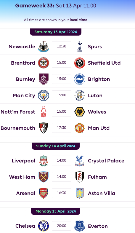 FPL GW33 Fixtures
